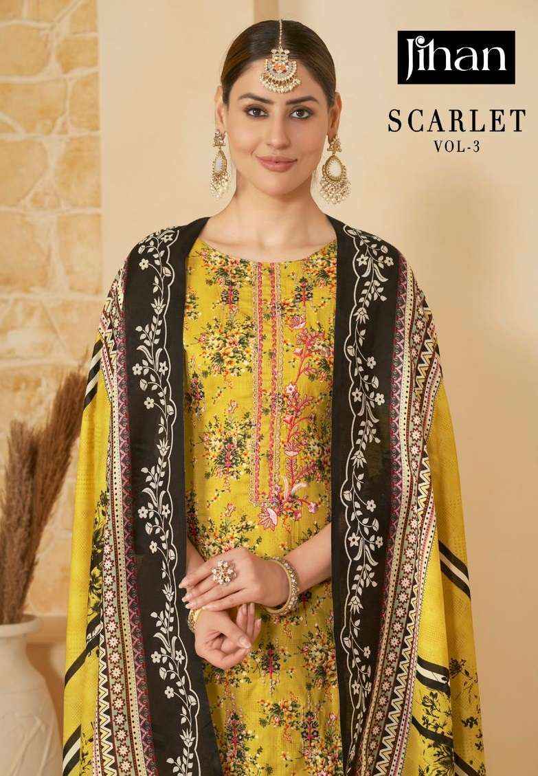 JIHAN SCARLET VOL 3 LAWN COTTON SALWAR KAMEEZ ( 4 PCS CATALOG ) CHIFFON DUPATTA