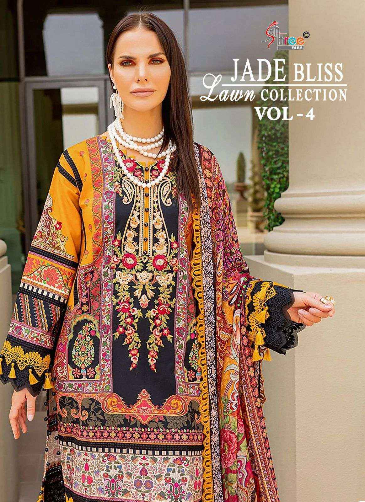 SHREE FABS JADE BLISS LAWN COLLECTION VOL 4 COTTON SALWAR KAMEEZ ( 4 PCS CATALOG ) CHIFFON DUPATTA