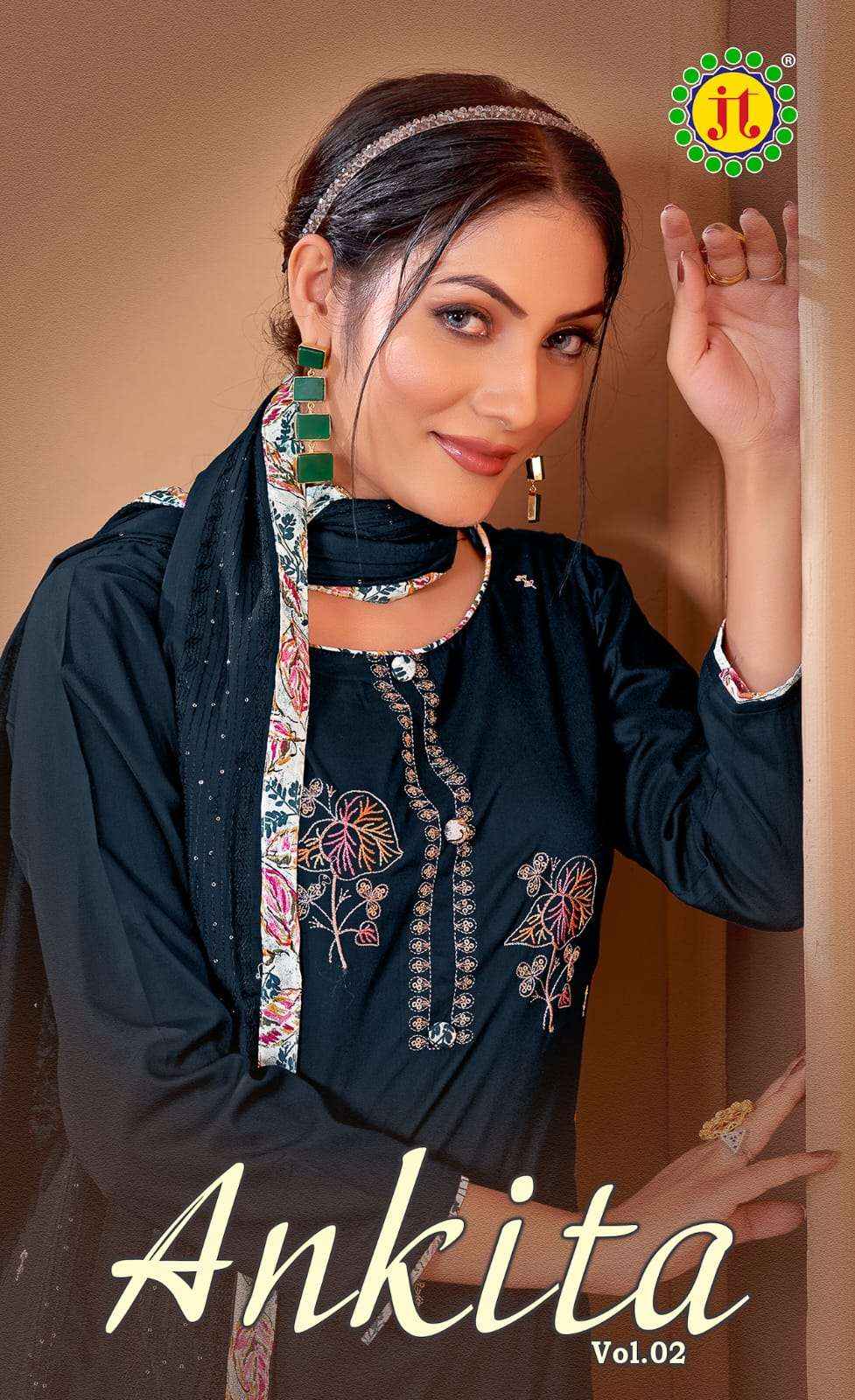 JT ANKITA VOL 2 RAYON PREMIUM WORK SUITS ( 5 PCS CATALOG )