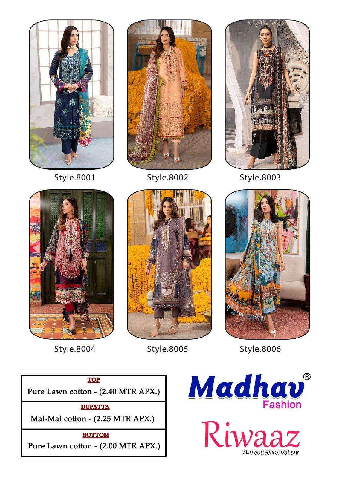 MADHAV FASHION RIWAAZ VOL 8 LAWN suits online shopping ( 6 PCS CATALOG )