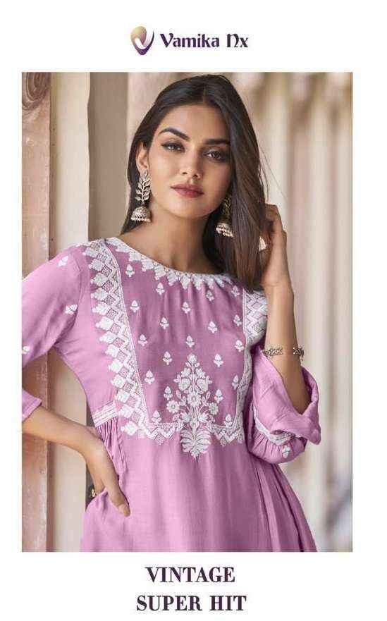 VAMIKA NX VINTAGE SUPER HIT RAYON FANCY WORKS TOP WITH PANT SET ( 5 PCS CATALOG )