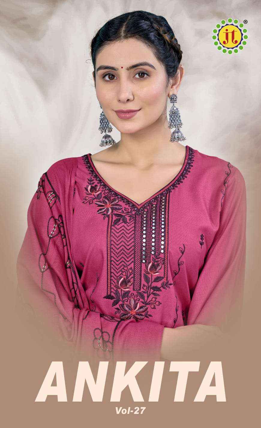 JT ANKITA VOL 27 WHOLESALE RAYON EMBROIDERY WORK SUIT ( 5 pcs catalogue )