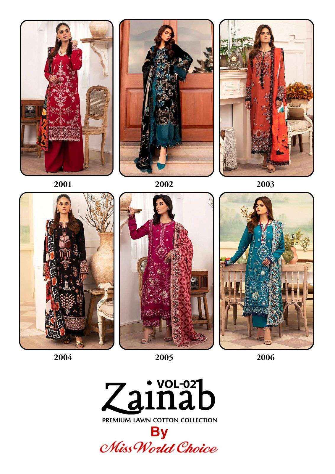 MISS WORLD CHOICE ZAINAB VOL 2 LAWN COTTON DRESS MATERIAL ( 6 PCS CATALOGUE )