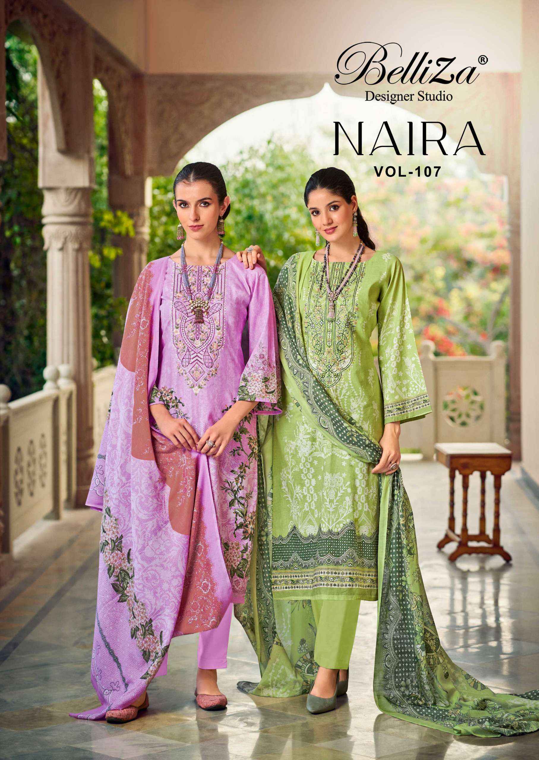 BELLIZA DESIGNER STUDIO NAIRA VOL 107 COTTON PRINT WITH FANCY DRESS MATERIAL WHOLESALE PRICE ( 8 PCS CATALOG )