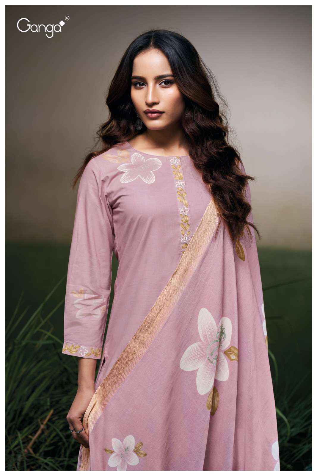 GANGA FARYAT 3523 COTTON PRINTED WITH DESIGNER WORK SUIT WHOLESALE RATE ( 4 PCS CATALOG )