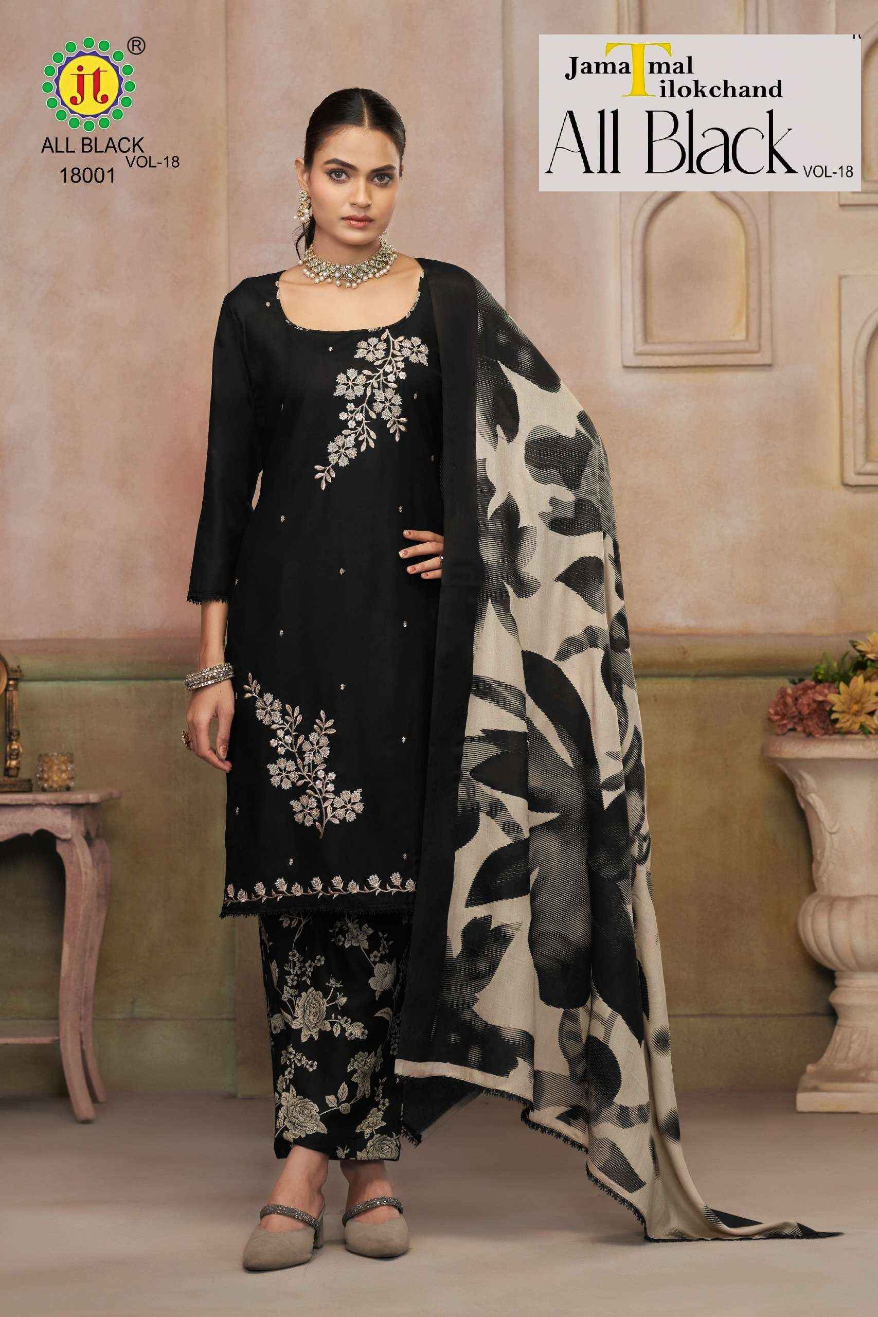 JT ALL BLACK 18 RAYON EMBROIDERY WORK SUIT WHOLESALE SURAT ( 5 PCS CATALOGUE )