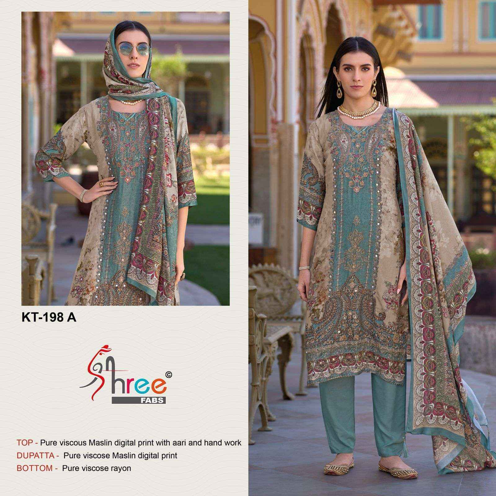 SHREE FAB DESIGN NO - KT - 198 PURE VISCOSE MUSLIN DIGUTAL PRINT AARI HAND WORK PAKISTANI SALWAR KAMEEZ WHOLESALE PRICE ( 4 PCS CATALOG )