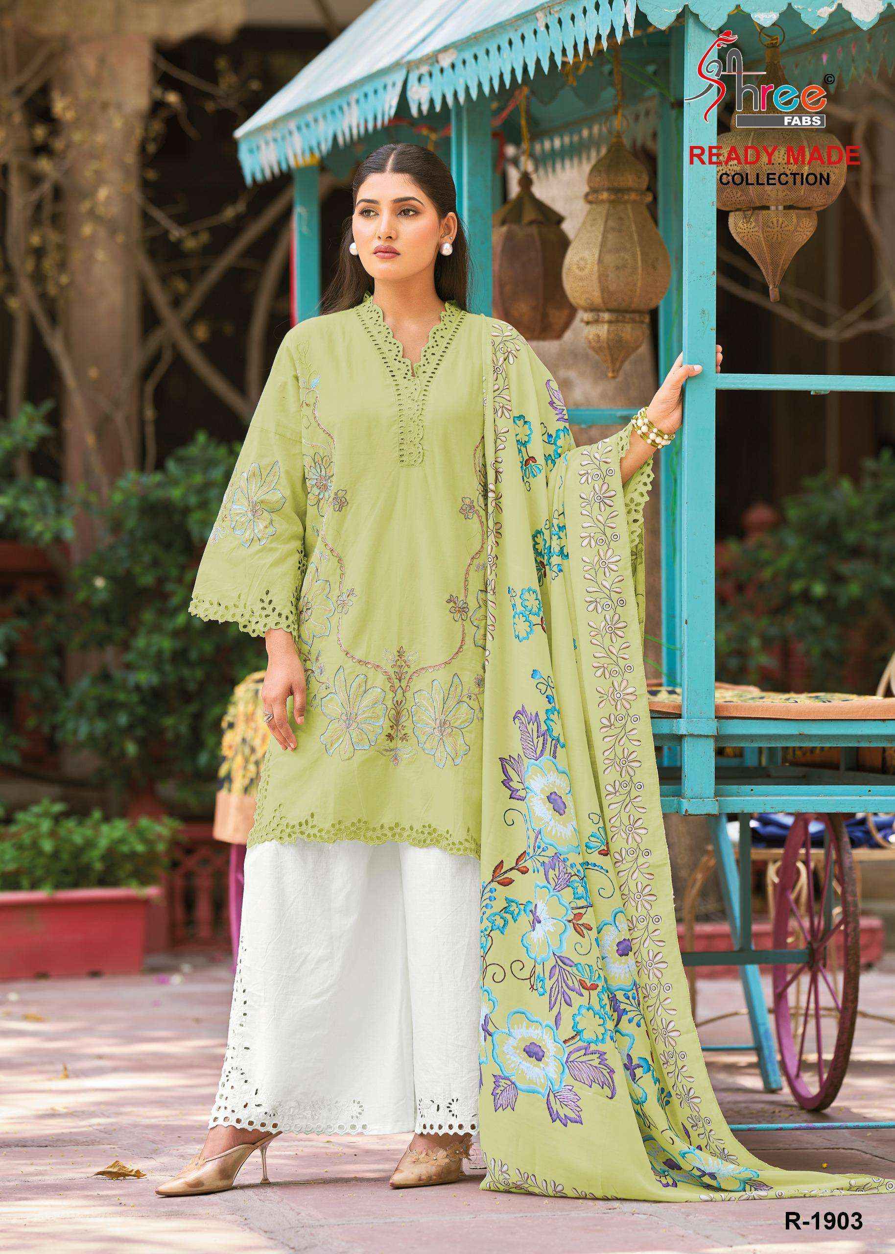 SHREE FABS R 1903 COTTON EMBROIDERY DESIGNER WORK SUIT WHOLESALE PRICE ( 4 PCS CATALOG )