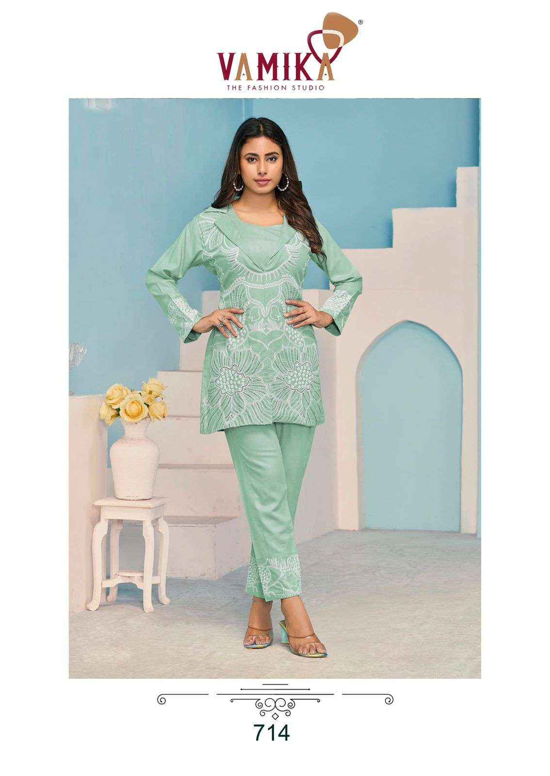 VAMIKA NX VEERA VOL 3 RAYON WORKS LADIES TOP WITH PANT SET WHOLESALE RATE ( 5 PCS CATALOG )