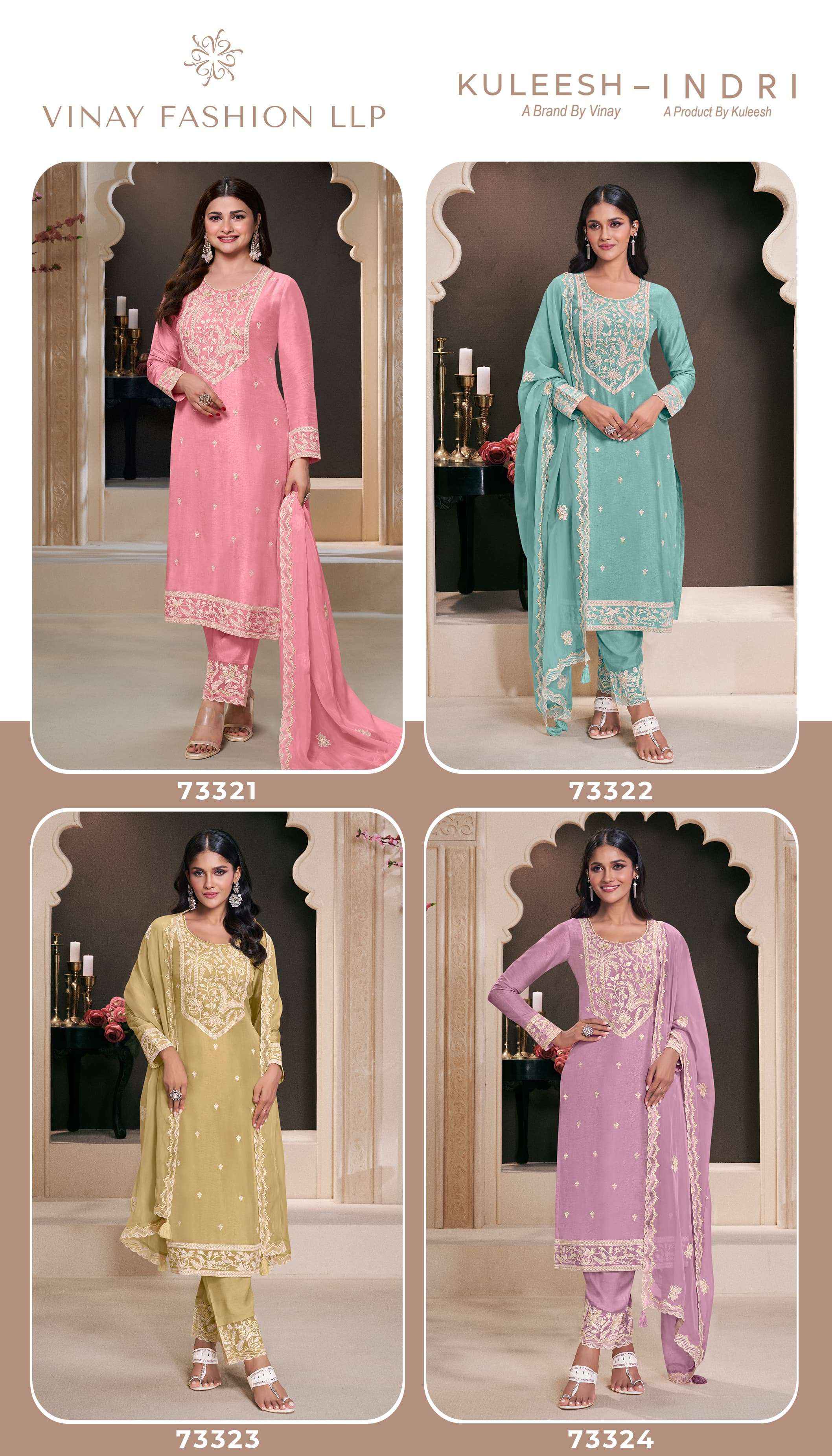 VINAY FASHION KULEESH INDRI SILK DESIGNER HEAVY FESTIVE WEAR SUIT WHOLESALE PRICE ( 4 PCS CATALOG )