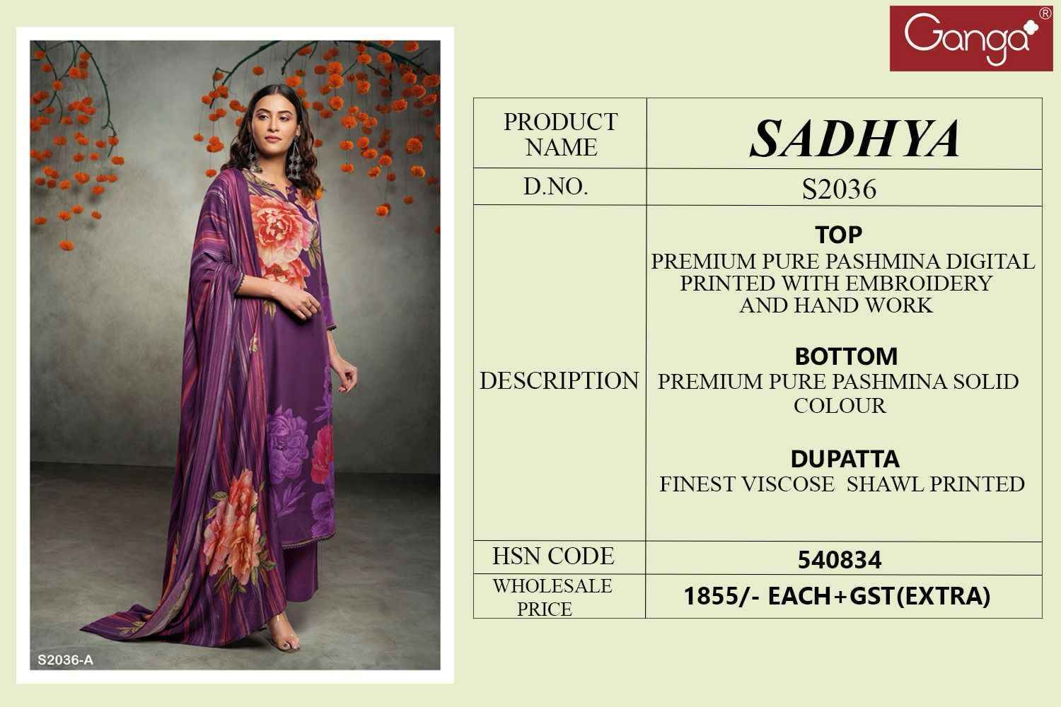 Ganga Sadhya 2036 Pashmina Dress Material 4 pcs Catalogue - Wholesale Factory