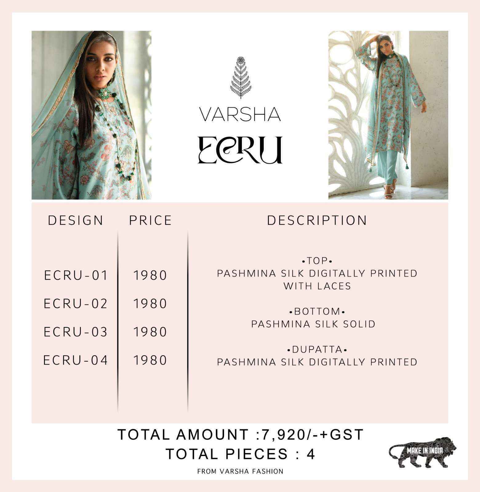 Varsha Ecru Pashmina Dress Material 4 pcs Catalogue - wholesale factory Surat