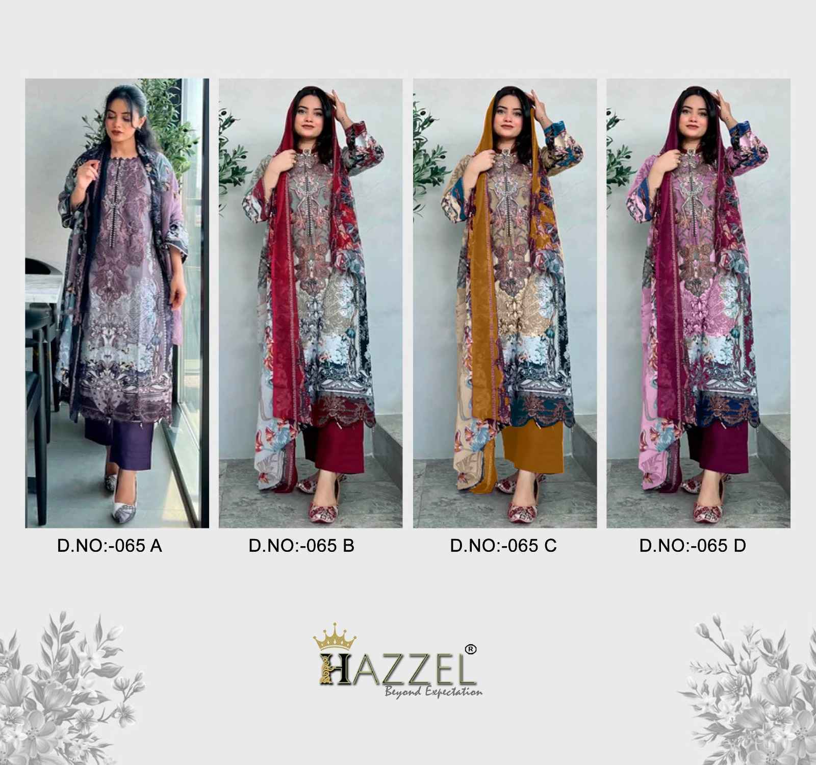 Hazzel D NO 065 Cotton Dress Material 4 pcs set chiffon dupatta
