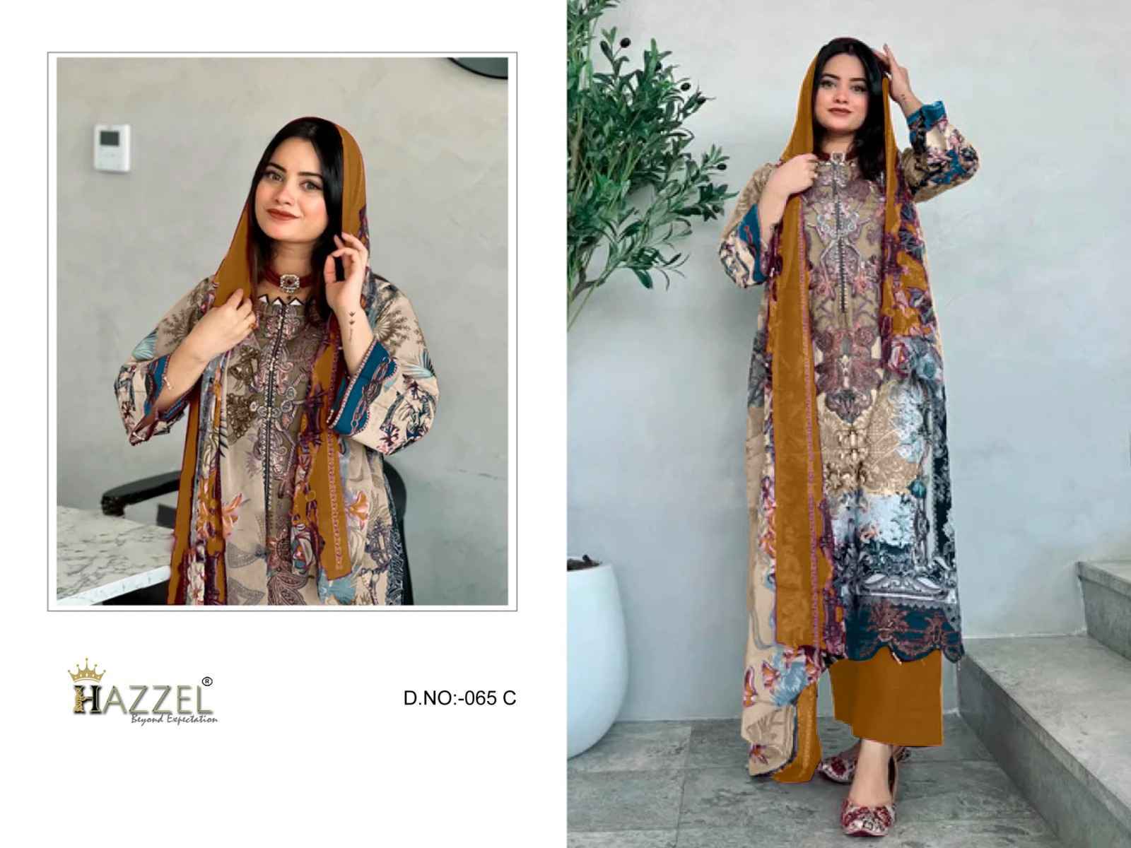 Hazzel D NO 065 Cotton Dress Material 4 pcs set chiffon dupatta