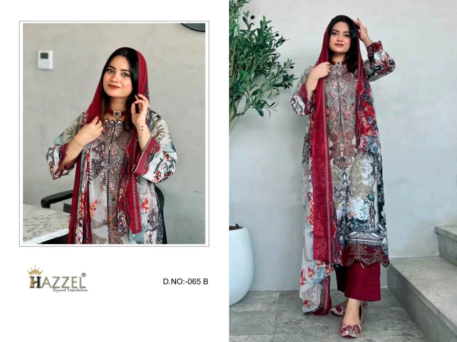 Hazzel D NO 065 Cotton Dress Material 4 pcs set chiffon dupatta