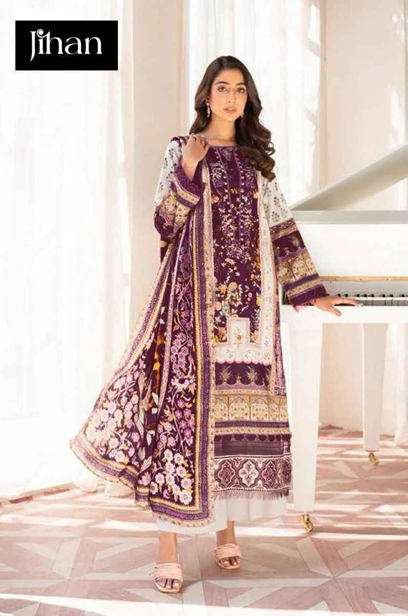 Jihan Firdous Morja Cotton Dress Material 3 pcs Catalogue - Chiffon Dupatta