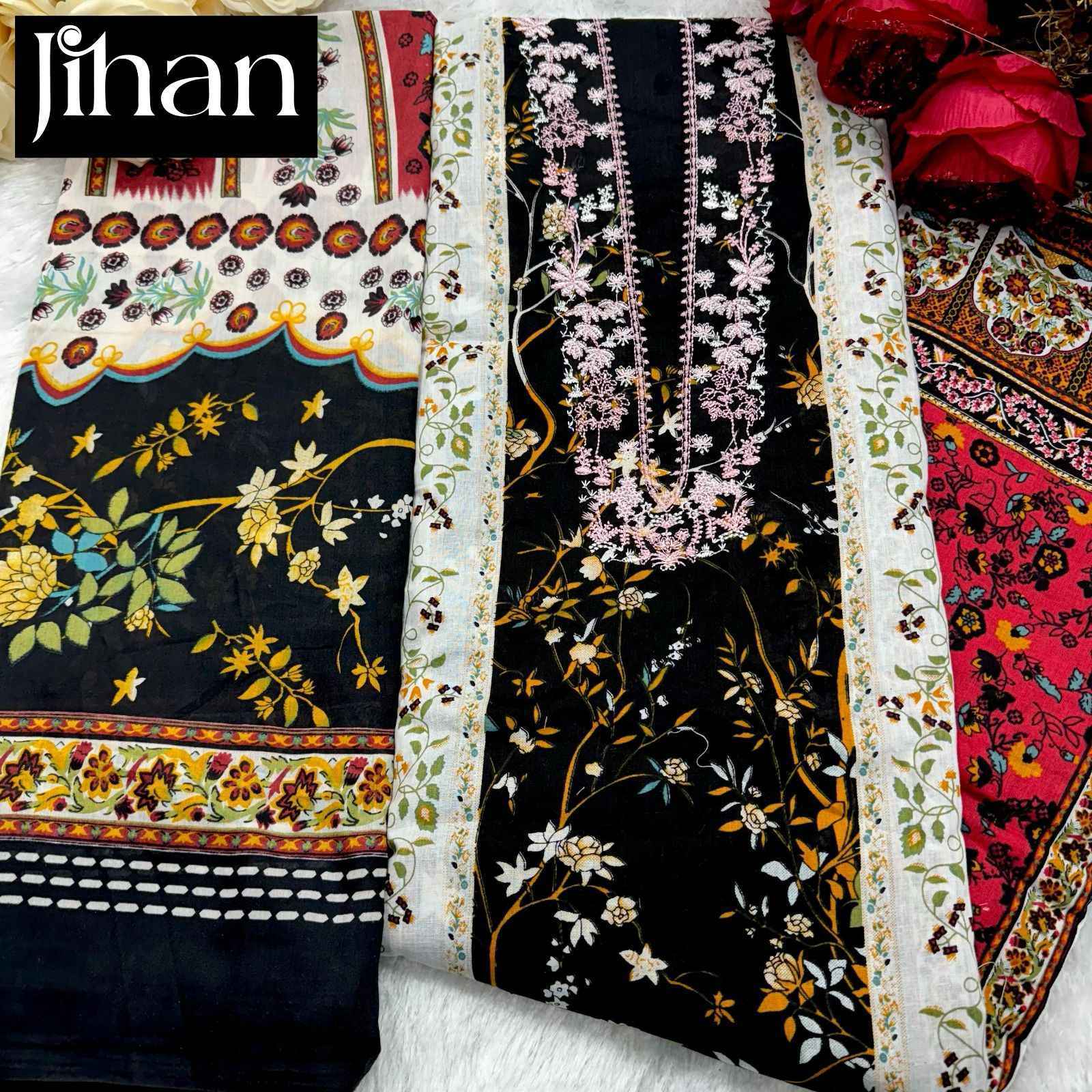 Jihan Firdous Morja Cotton Dress Material 3 pcs Catalogue - Chiffon Dupatta