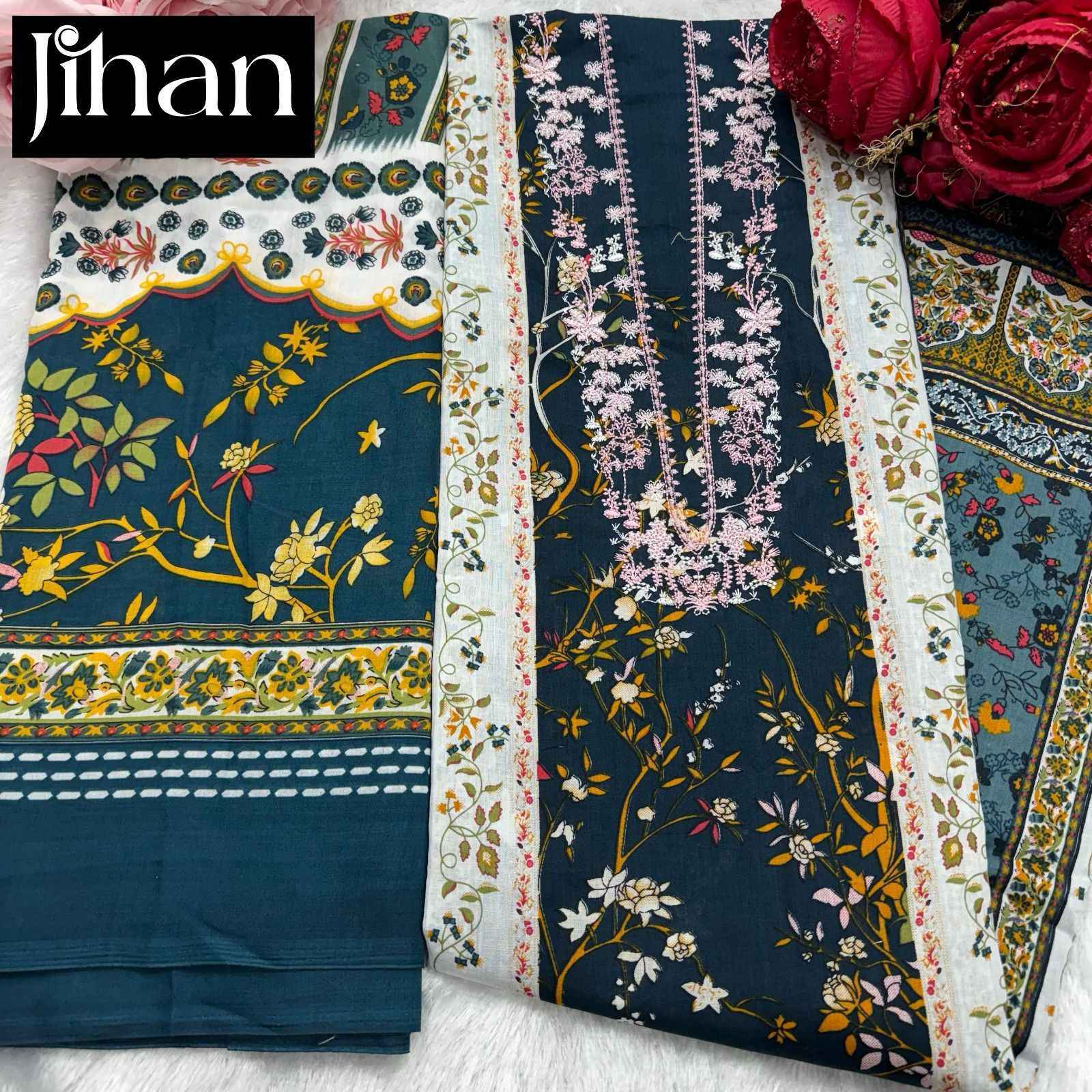Jihan Firdous Morja Cotton Dress Material 3 pcs Catalogue - Chiffon Dupatta