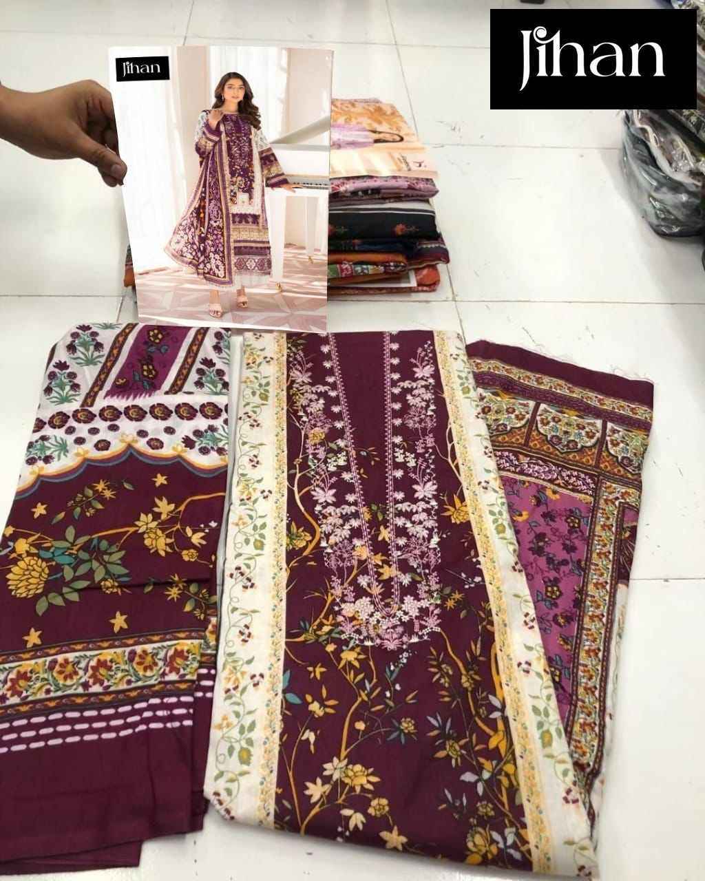 Jihan Firdous Morja Cotton Dress Material 3 pcs Catalogue - Chiffon Dupatta