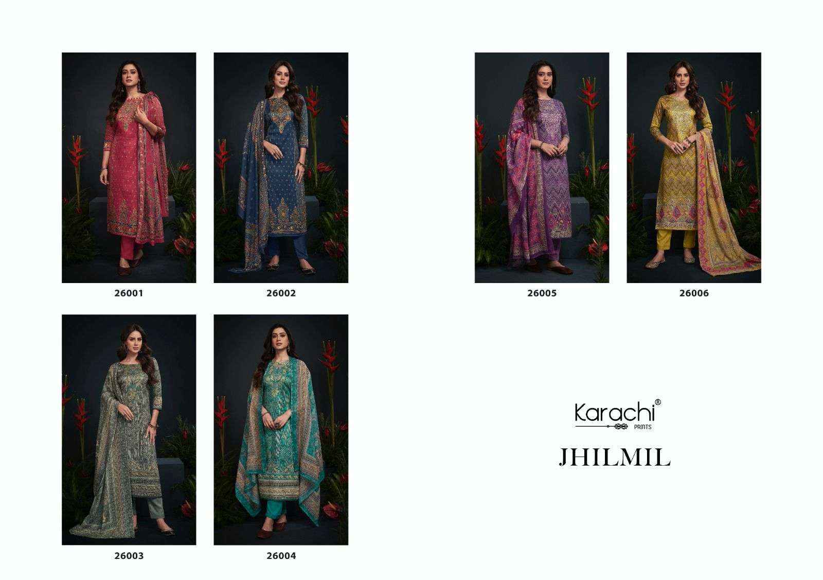 KARACHI PRINTS JHILMIL JAM SATIN SALWAR SUITS ( 6 PCS CATALOG )