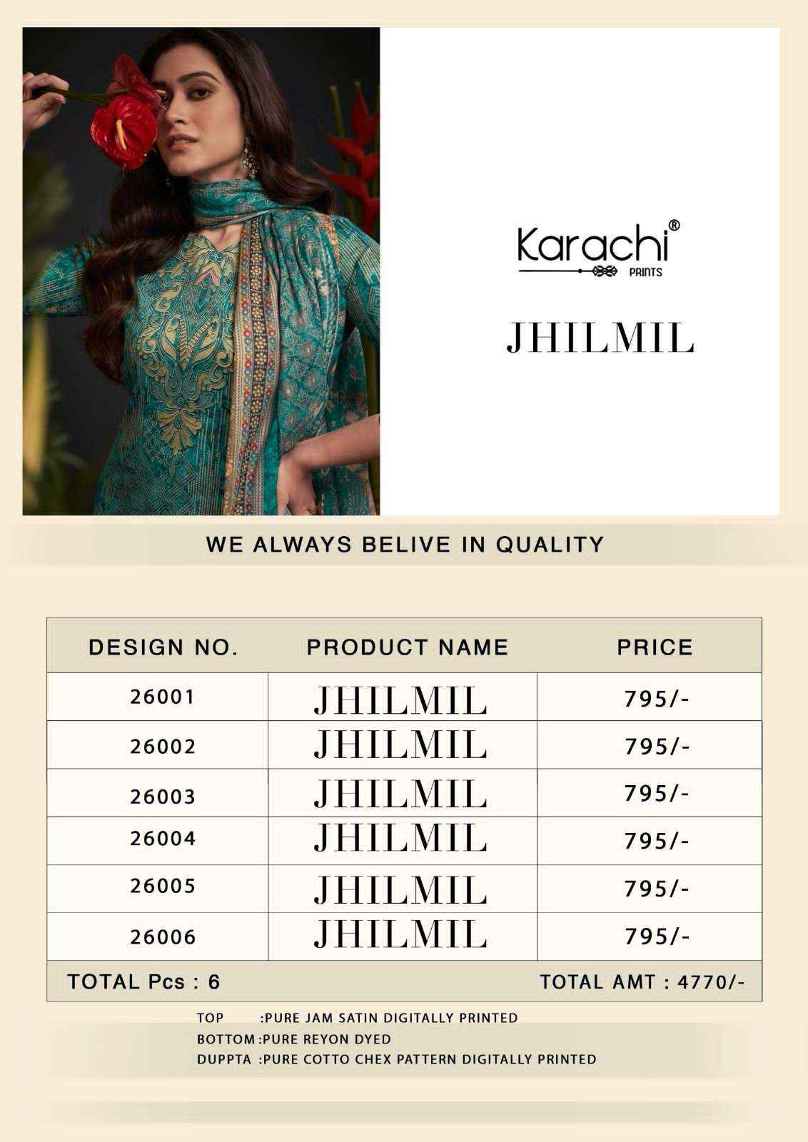 KARACHI PRINTS JHILMIL JAM SATIN SALWAR SUITS ( 6 PCS CATALOG )