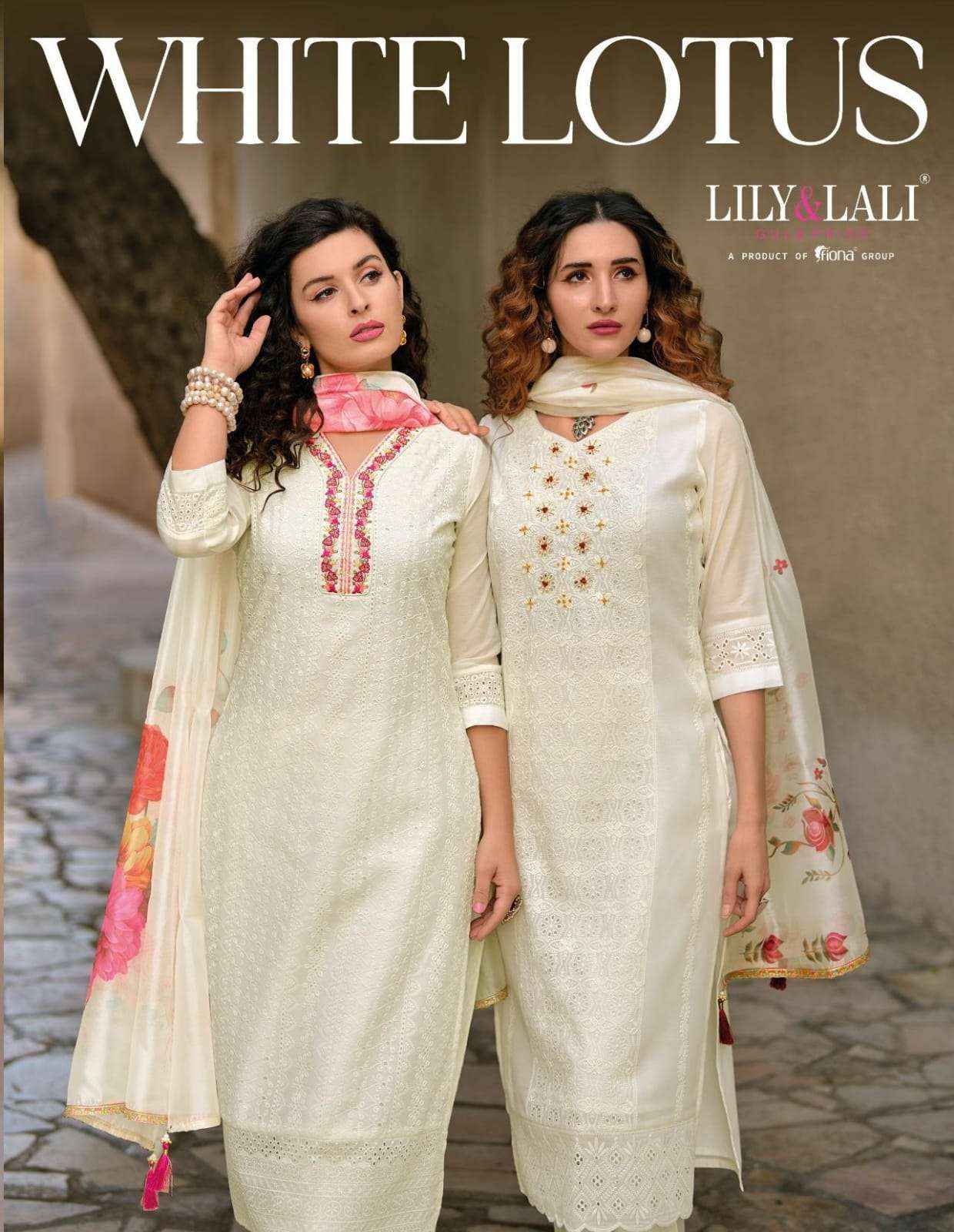 LILY AND LALI WHITE LOTUS SCHIFFLI DESIGNER READYMADE SUITS ( 6 PCS CATALOG )