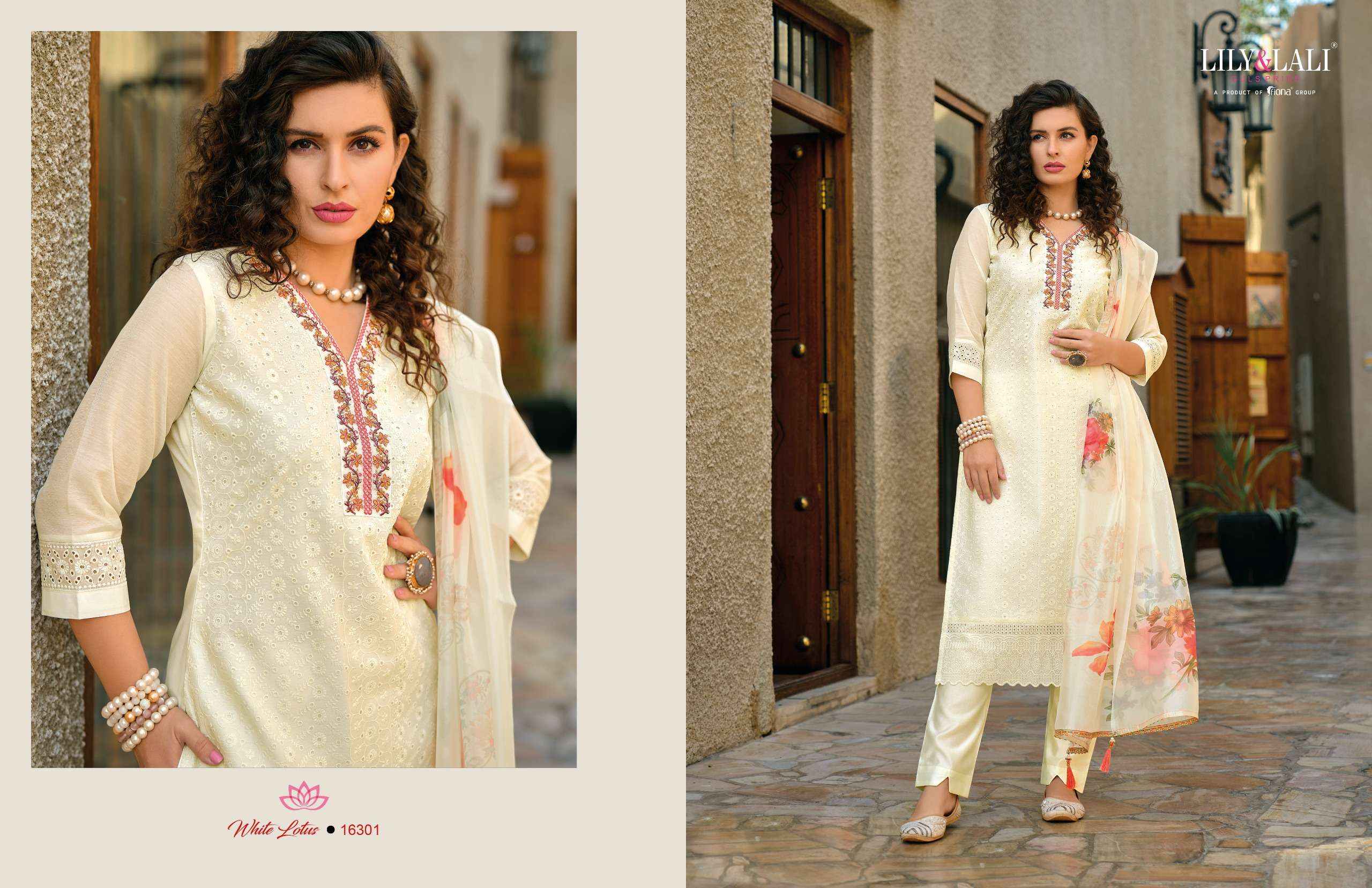 LILY AND LALI WHITE LOTUS SCHIFFLI DESIGNER READYMADE SUITS ( 6 PCS CATALOG )