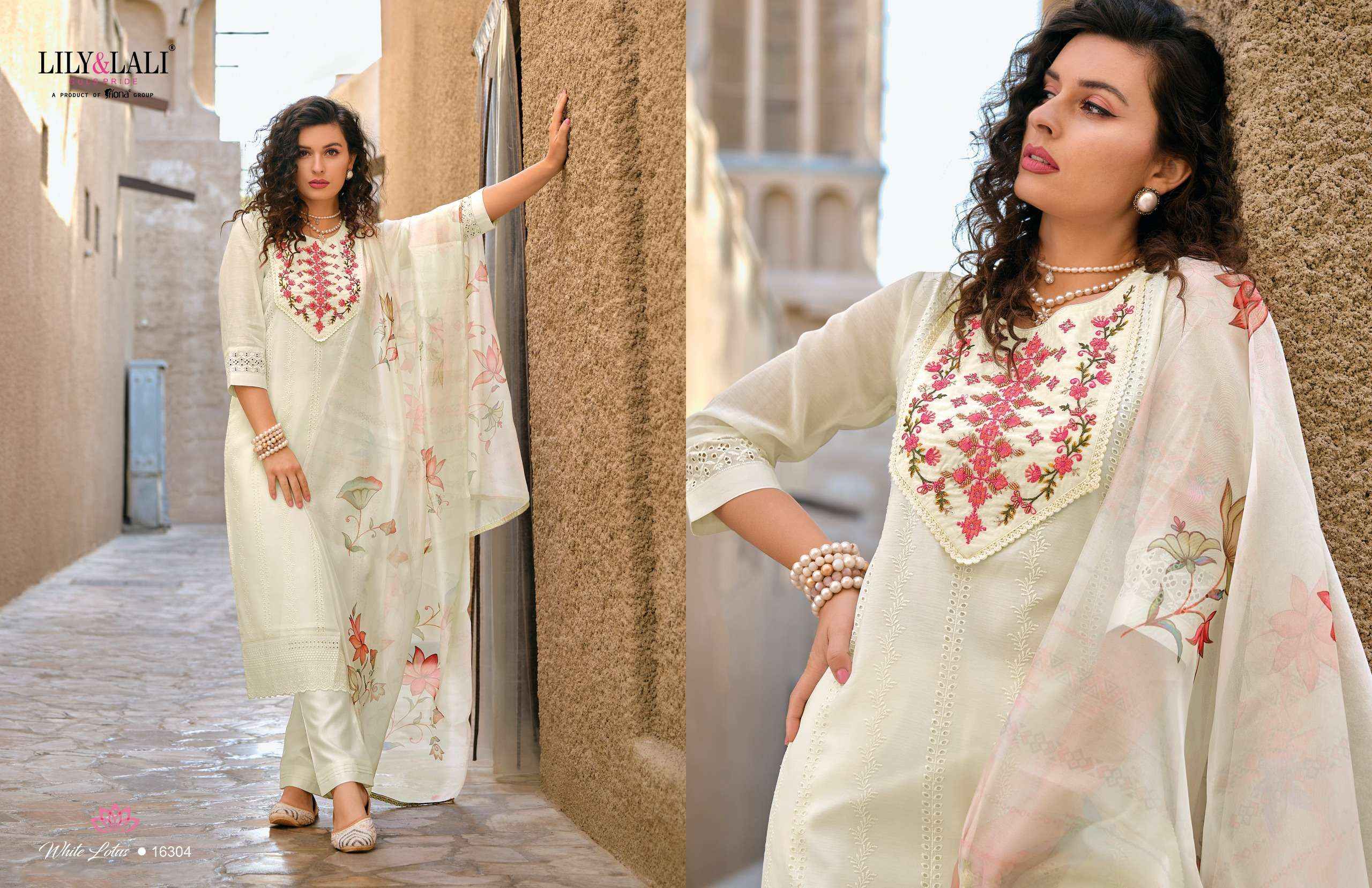 LILY AND LALI WHITE LOTUS SCHIFFLI DESIGNER READYMADE SUITS ( 6 PCS CATALOG )