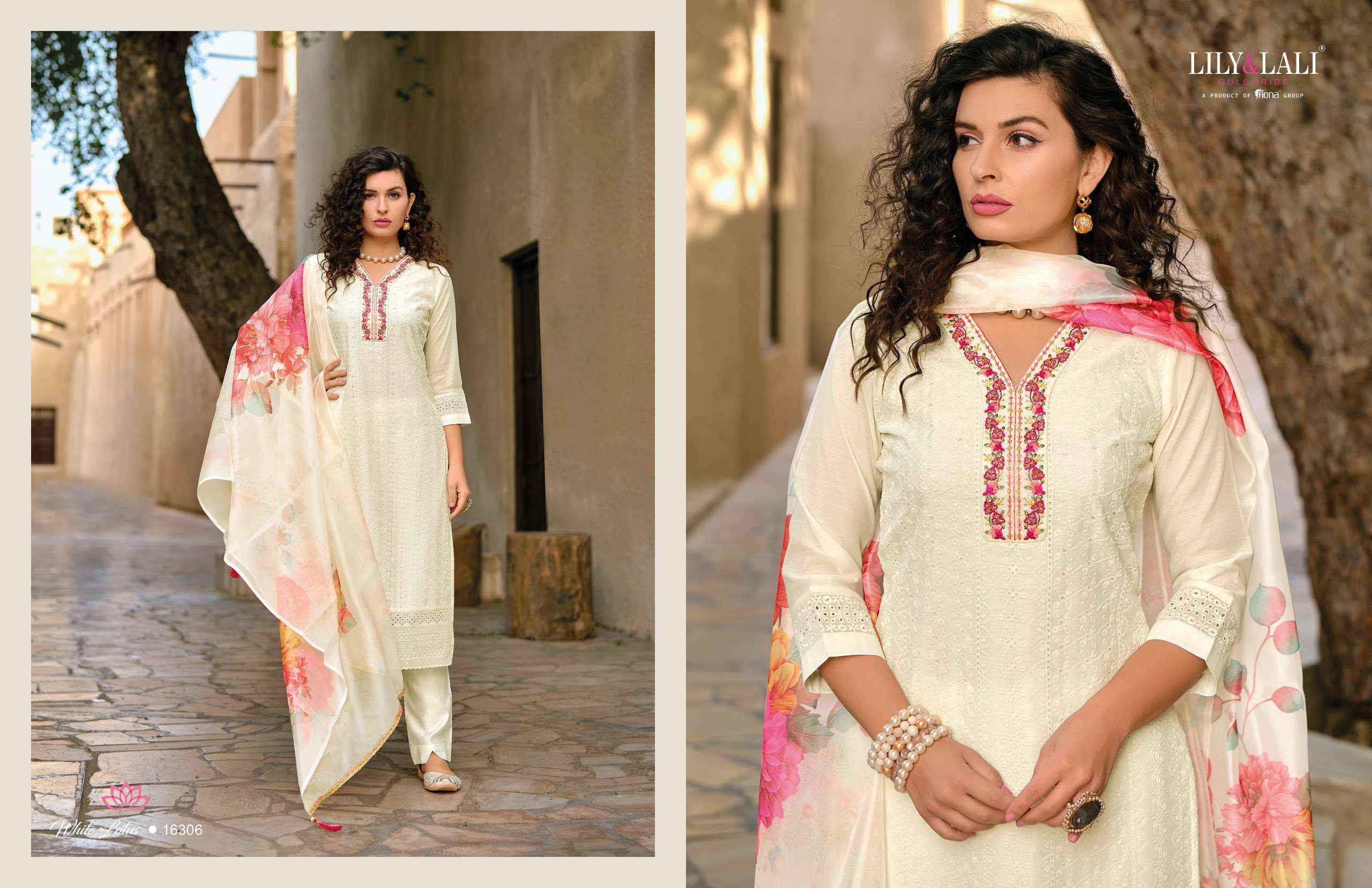 LILY AND LALI WHITE LOTUS SCHIFFLI DESIGNER READYMADE SUITS ( 6 PCS CATALOG )