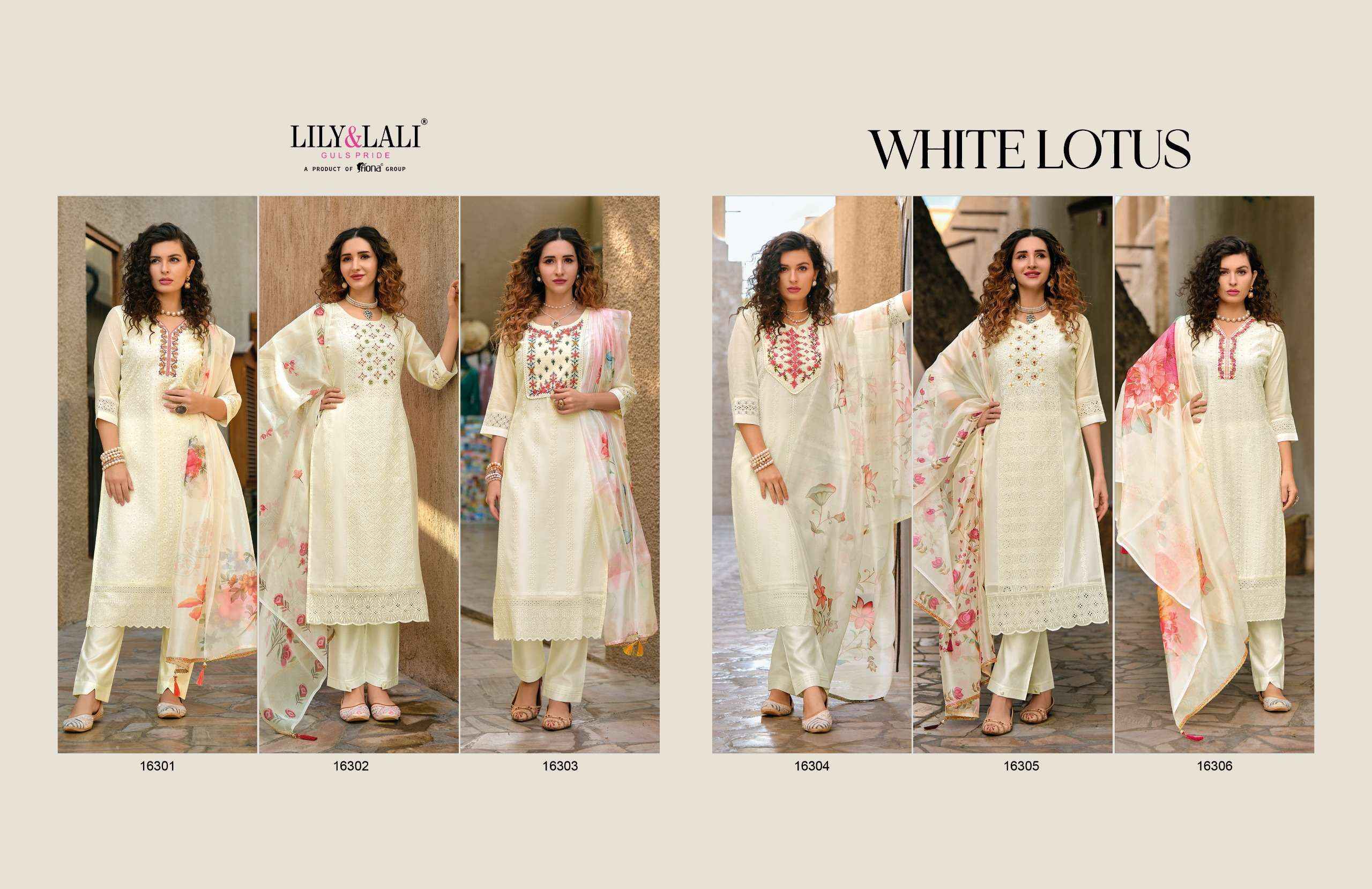 LILY AND LALI WHITE LOTUS SCHIFFLI DESIGNER READYMADE SUITS ( 6 PCS CATALOG )