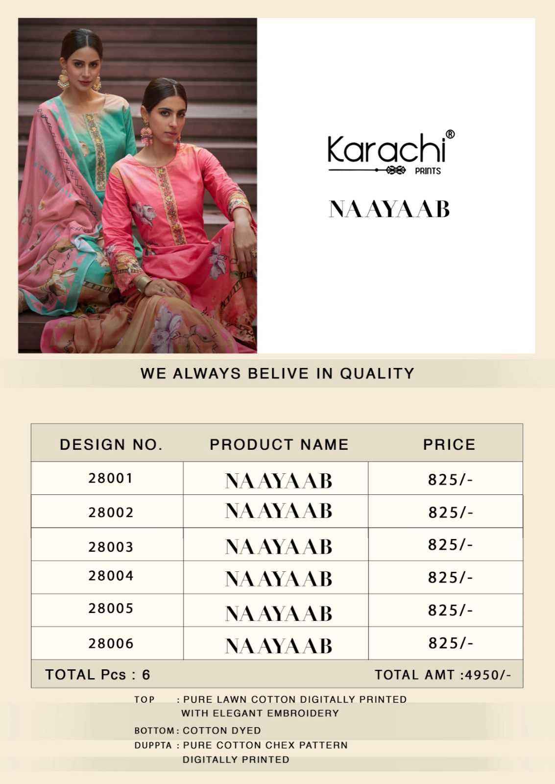 KARACHI PRINTS NAAYAAB LADIES DESIGNER SUITS ( 6 PCS CATALOG )