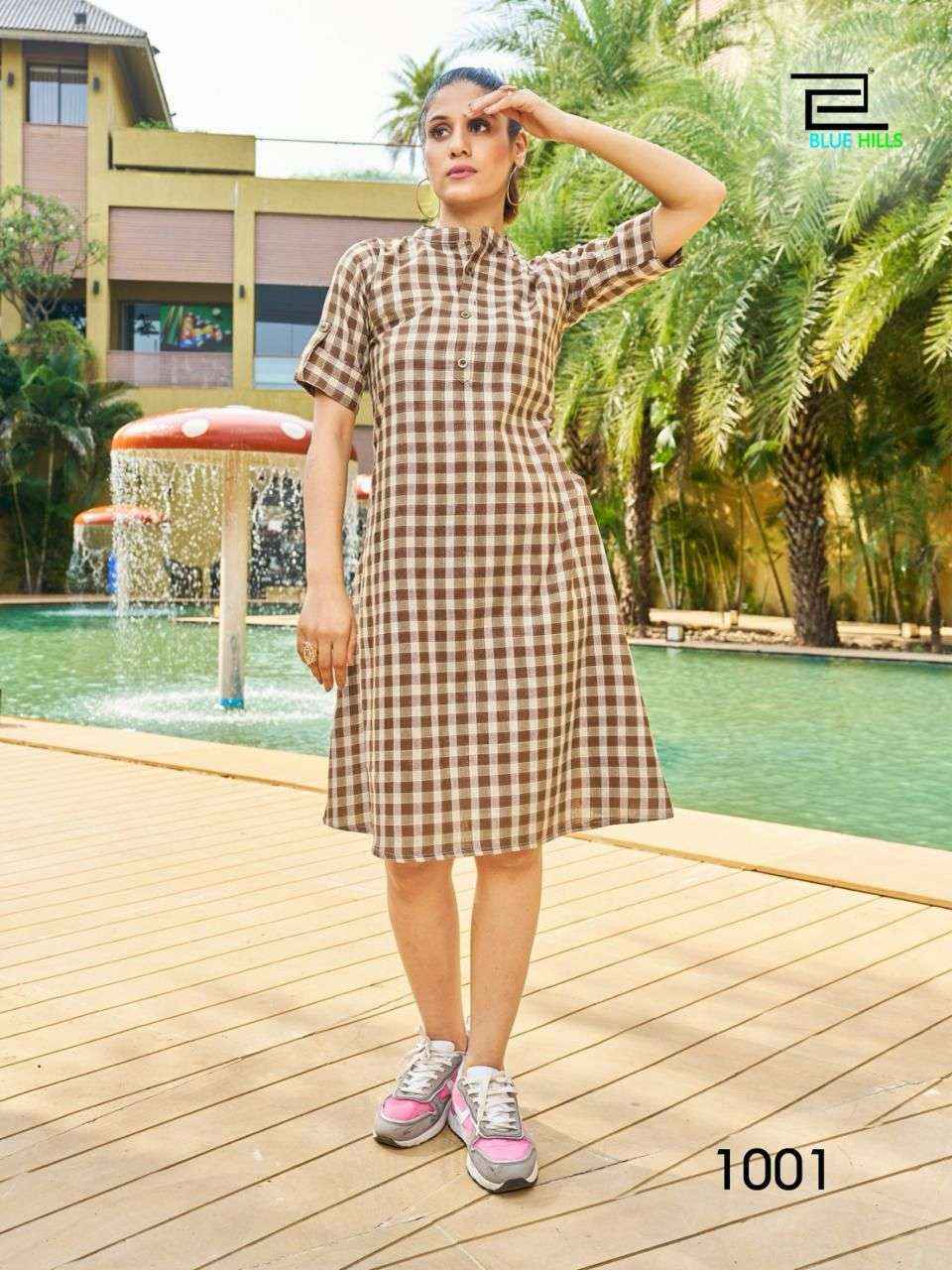 BLUE HILLS CHECKERS COTTON SHORT MIDI STYLE KURTI ( 4 PCS CATALOG )