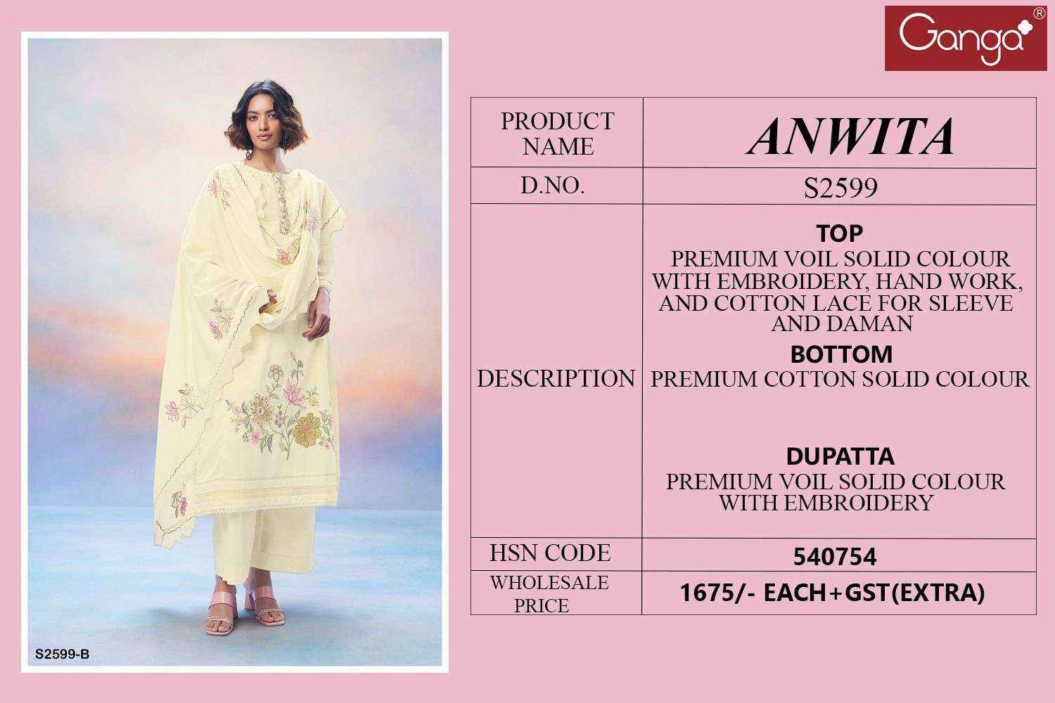 Ganga Fashion Anwita 2599 Premium Designs Fancy Handwork Suit Supplier ( 4 pcs catalog )