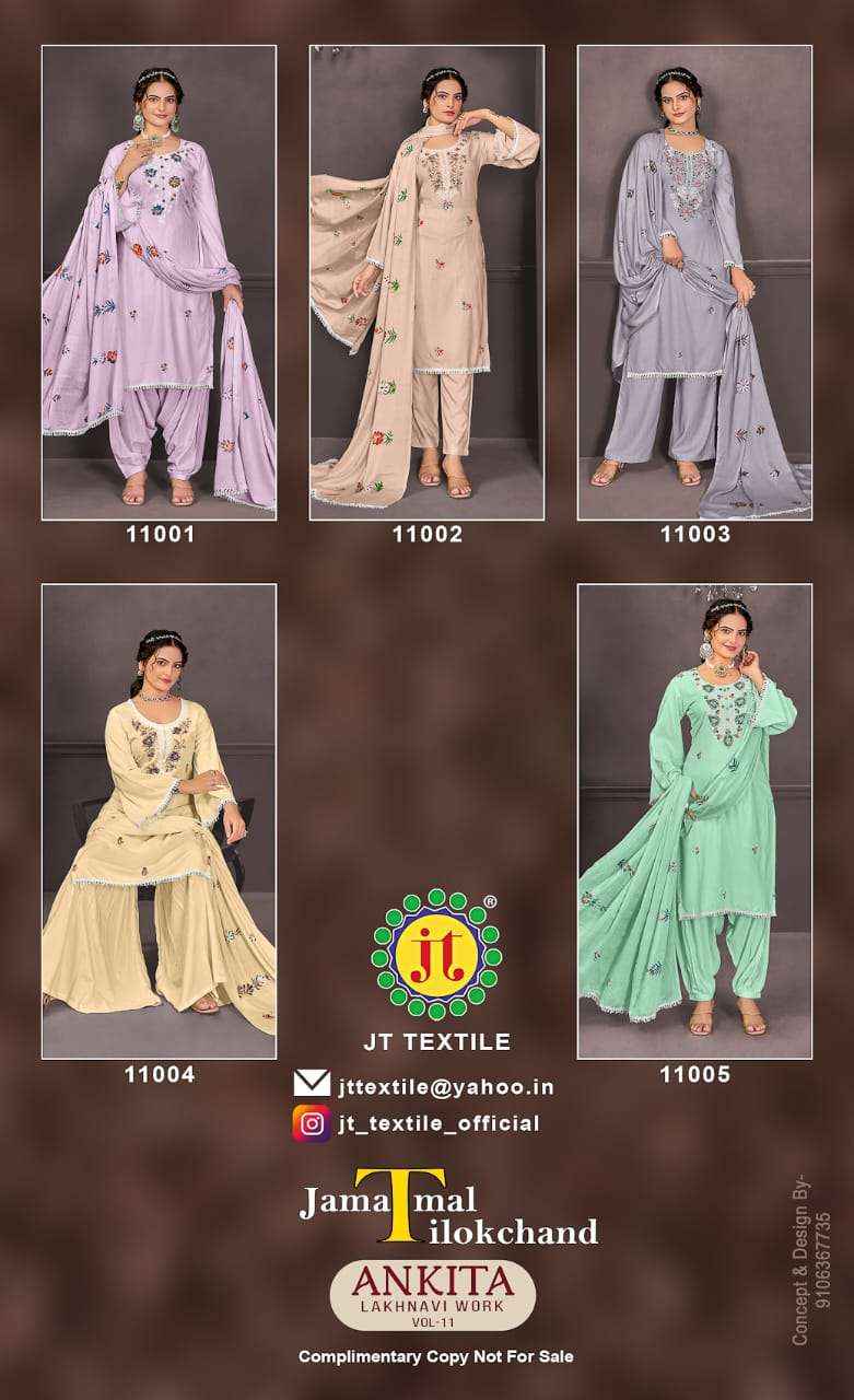 JT ANKITA VOL 11 RAYON FANCY WORK DESIGNER SALWAR SUIT ( 5 PCS CATALOG )