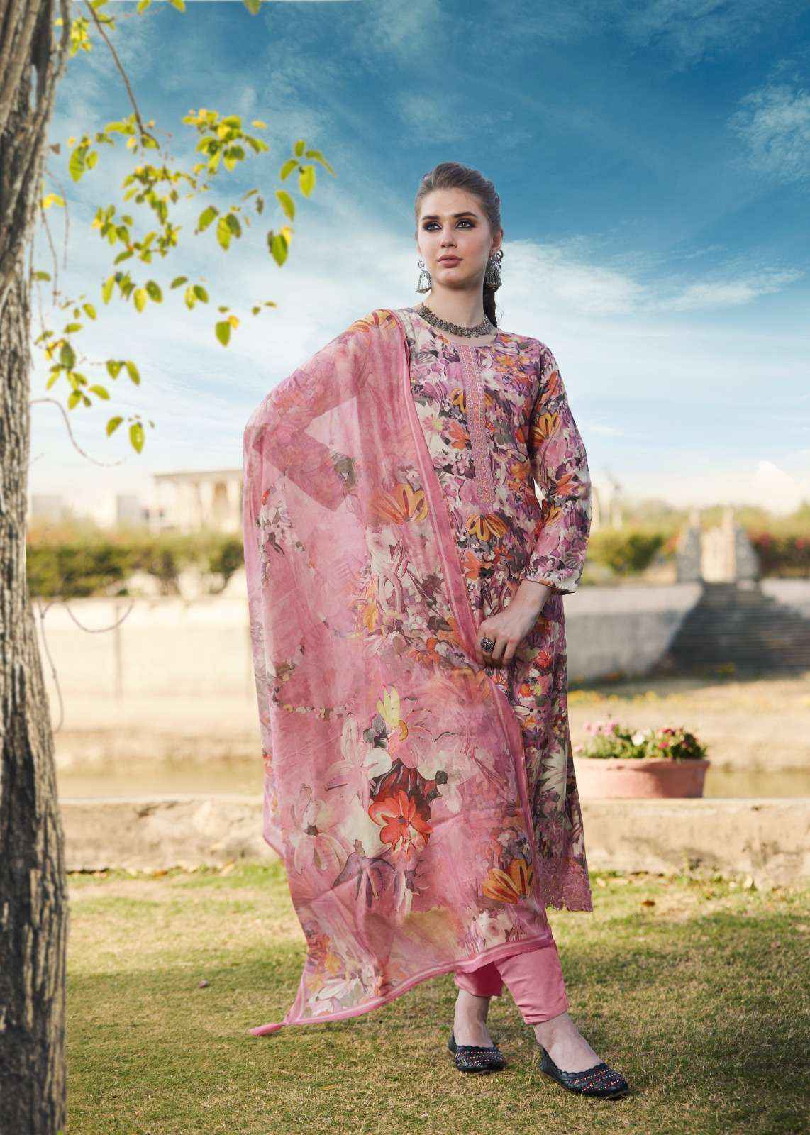 PRM TRENDZ INAAYA MUSLIN SILK DIGITAL PRINT WITH FANCY WORK SUIT (8 pcs catalog )