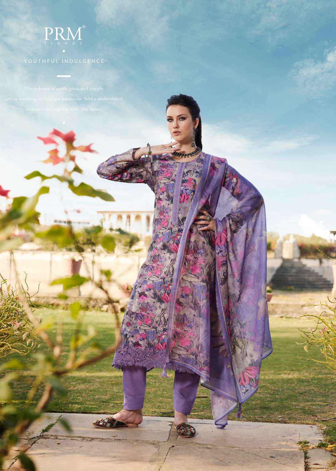 PRM TRENDZ INAAYA MUSLIN SILK DIGITAL PRINT WITH FANCY WORK SUIT (8 pcs catalog )