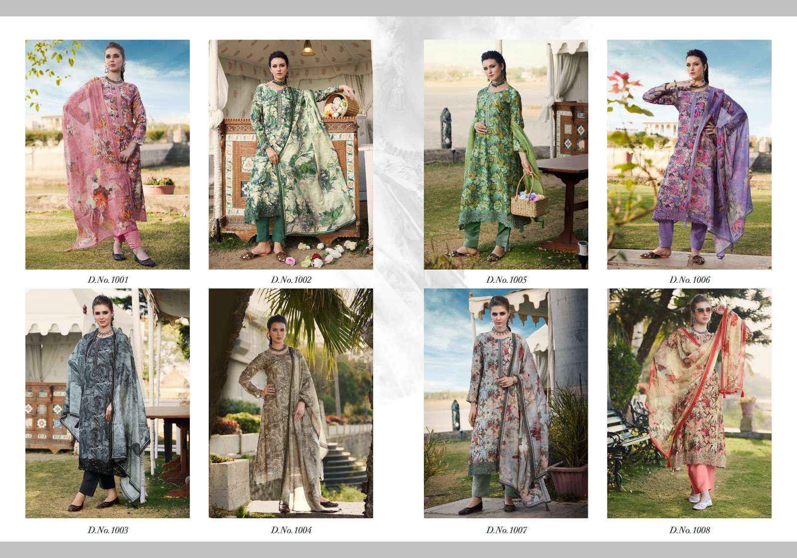 PRM TRENDZ INAAYA MUSLIN SILK DIGITAL PRINT WITH FANCY WORK SUIT (8 pcs catalog )