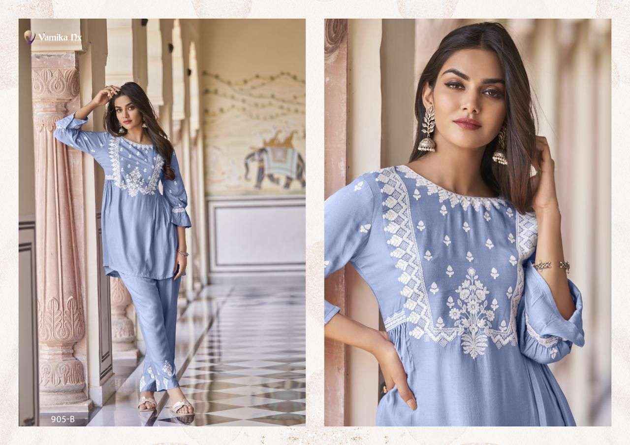 VAMIKA NX VINTAGE SUPER HIT RAYON FANCY WORKS TOP WITH PANT SET ( 5 PCS CATALOG )