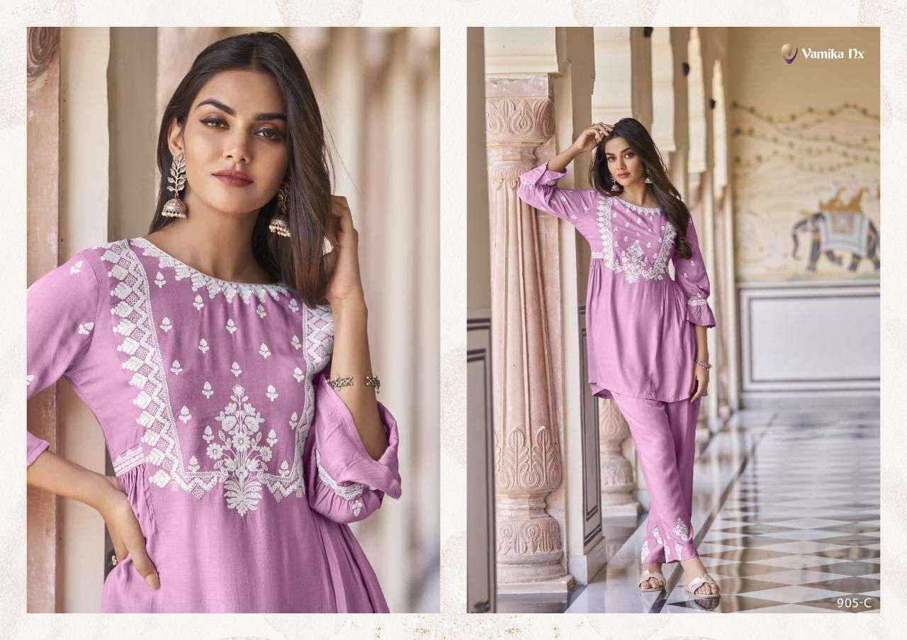 VAMIKA NX VINTAGE SUPER HIT RAYON FANCY WORKS TOP WITH PANT SET ( 5 PCS CATALOG )