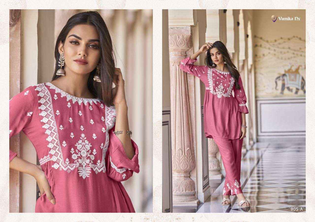 VAMIKA NX VINTAGE SUPER HIT RAYON FANCY WORKS TOP WITH PANT SET ( 5 PCS CATALOG )