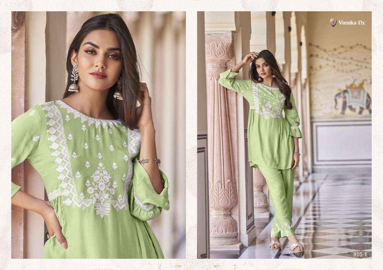 VAMIKA NX VINTAGE SUPER HIT RAYON FANCY WORKS TOP WITH PANT SET ( 5 PCS CATALOG )