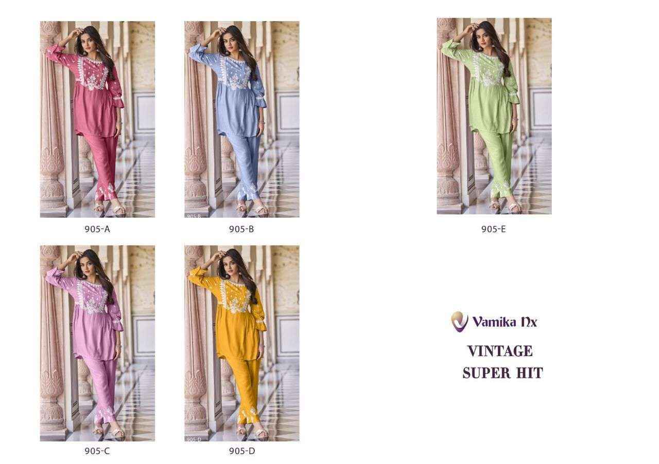 VAMIKA NX VINTAGE SUPER HIT RAYON FANCY WORKS TOP WITH PANT SET ( 5 PCS CATALOG )