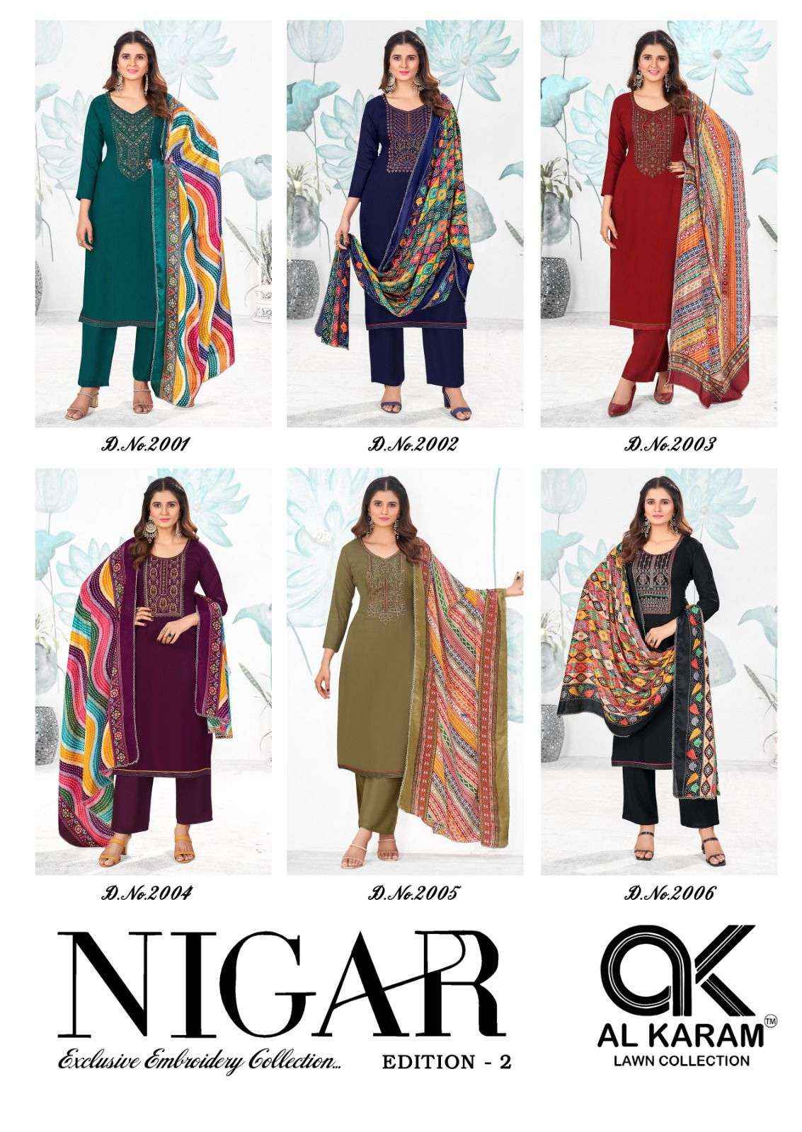AL KARAM NIGAR VOL 2 RAYON SLUB FANCY EMBROIDERY WORK SUIT ( 6 pcs CATALOG )