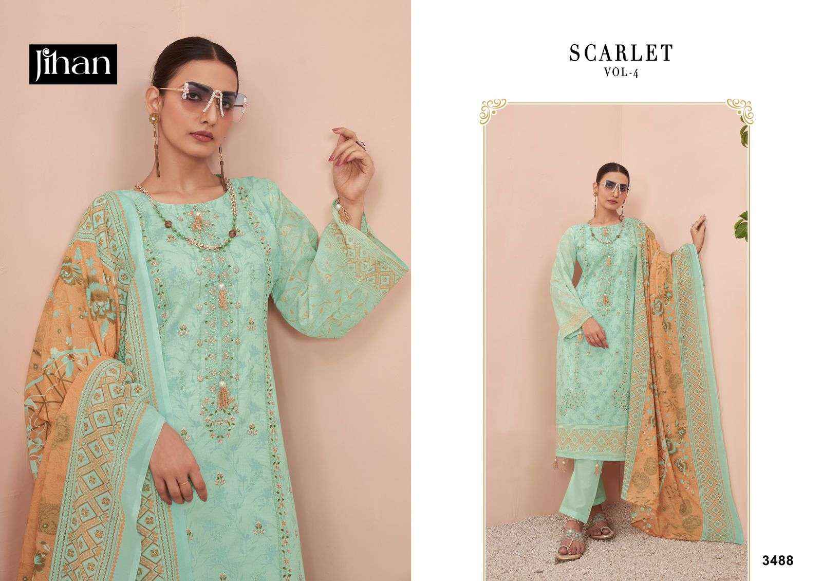 JIHAN SCARLET VOL 4 LAWN COTTON SELF EMBROIDERY WORK SUIT ( 4 PCS CATALOG )