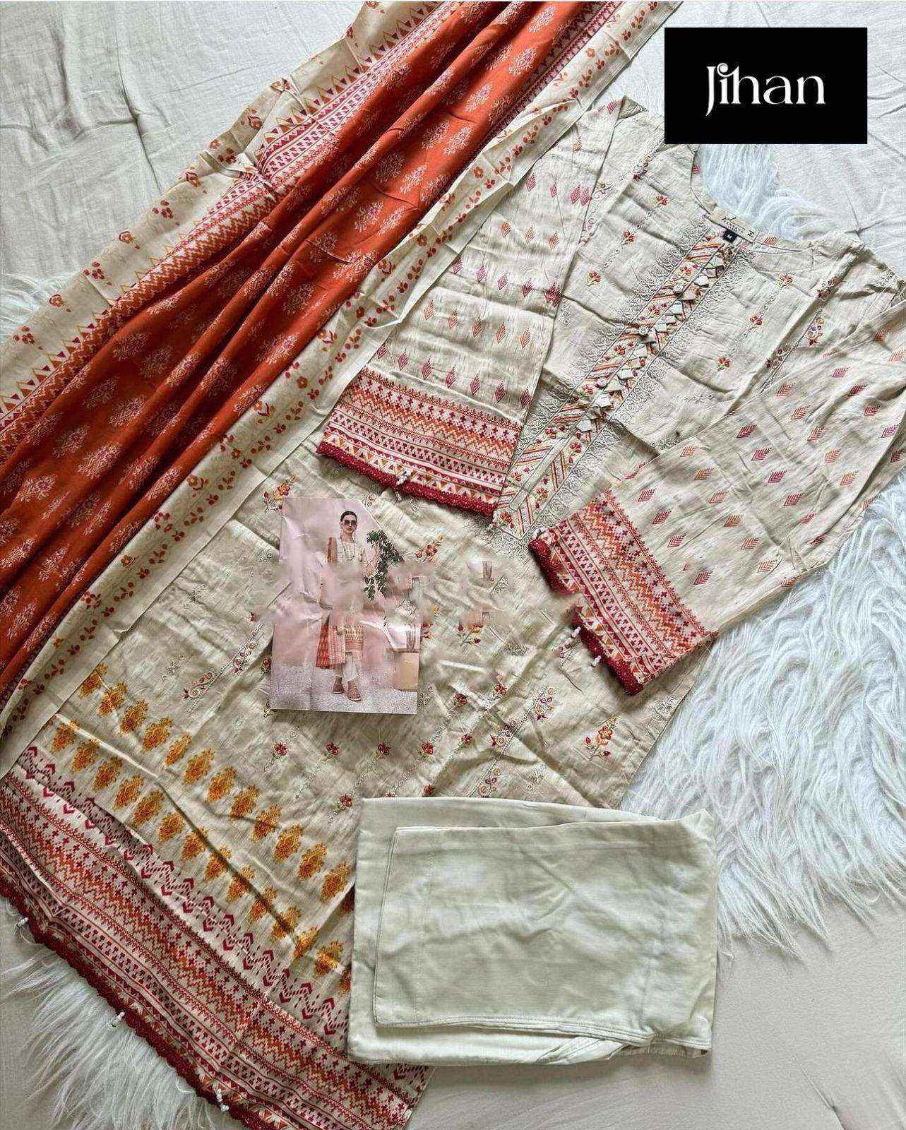 JIHAN SCARLET VOL 4 LAWN COTTON SELF EMBROIDERY WORK SUIT ( 4 PCS CATALOG )