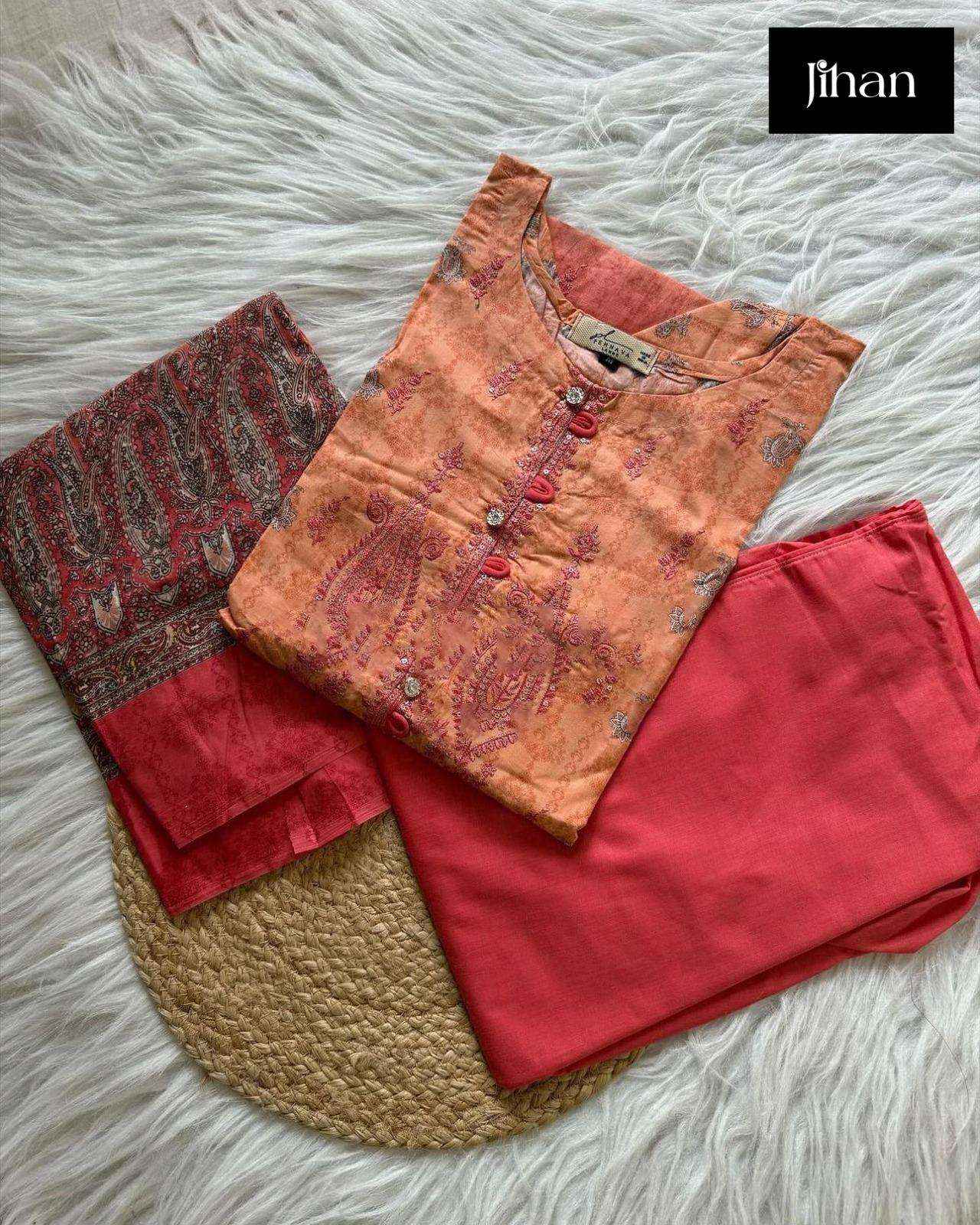 JIHAN SCARLET VOL 4 LAWN COTTON SELF EMBROIDERY WORK SUIT ( 4 PCS CATALOG )