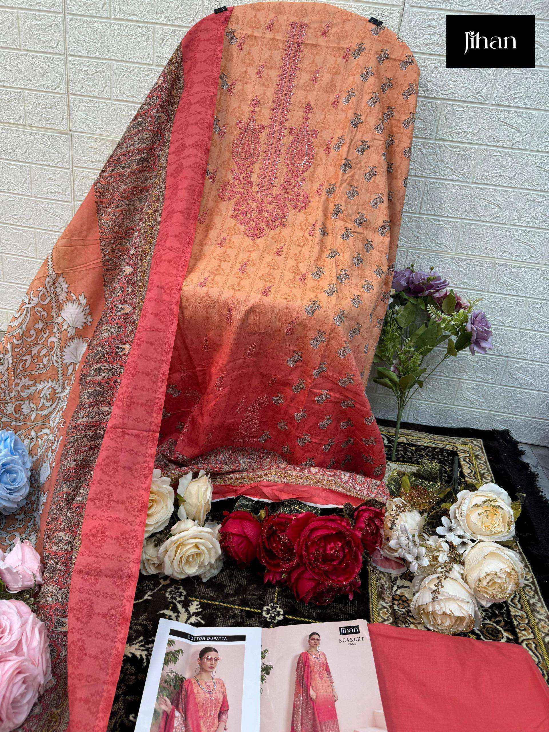 JIHAN SCARLET VOL 4 LAWN COTTON SELF EMBROIDERY WORK SUIT ( 4 PCS CATALOG )