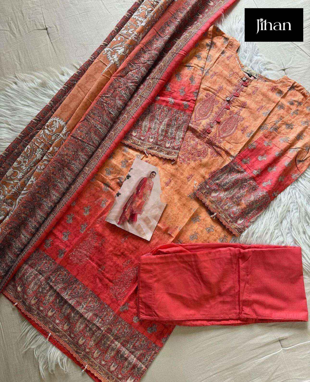 JIHAN SCARLET VOL 4 LAWN COTTON SELF EMBROIDERY WORK SUIT ( 4 PCS CATALOG )
