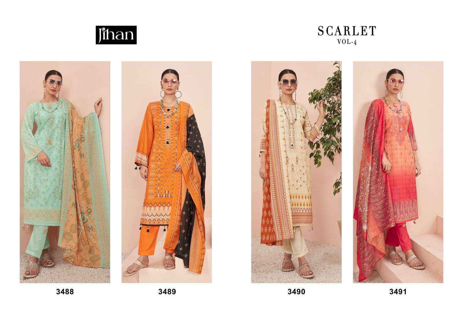 JIHAN SCARLET VOL 4 LAWN COTTON SELF EMBROIDERY WORK SUIT ( 4 PCS CATALOG )