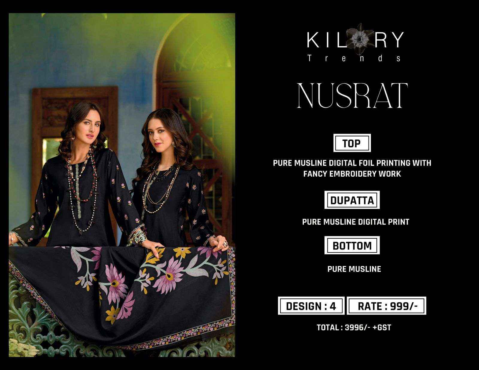 KILORY TRENDZ NUSRAT VISCOSE FANCY EMBROIDERY WORK SUIT ( 4 PCS CATALOG )